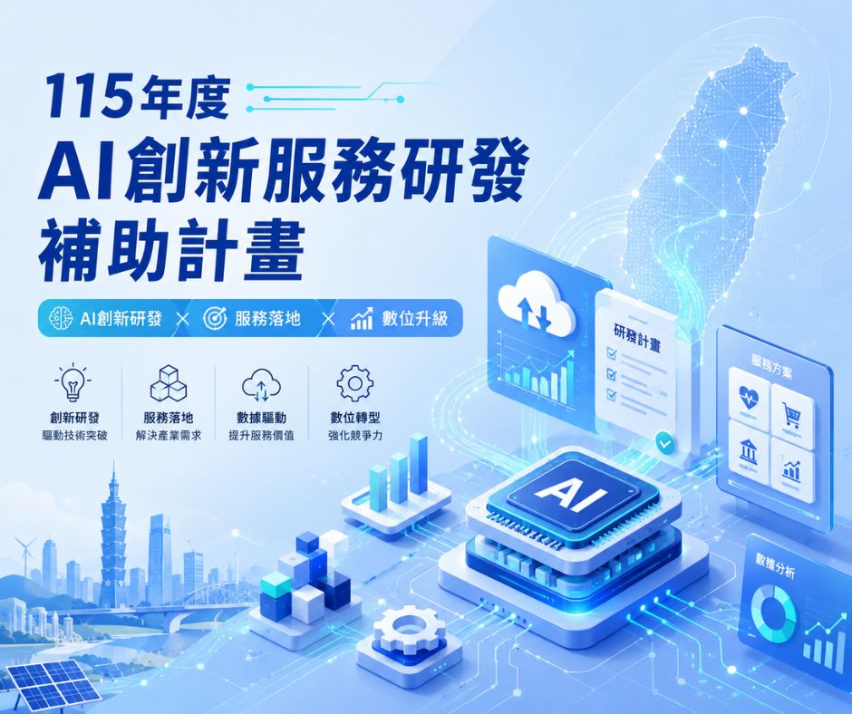 用 AI 做出真正能落地的服務方案，讓創新不只停在技術，也走進市場 - 115年度AI創新服務研發補助計畫 | 大人提、ESG輔導、搭配補助計畫、ISO驗證